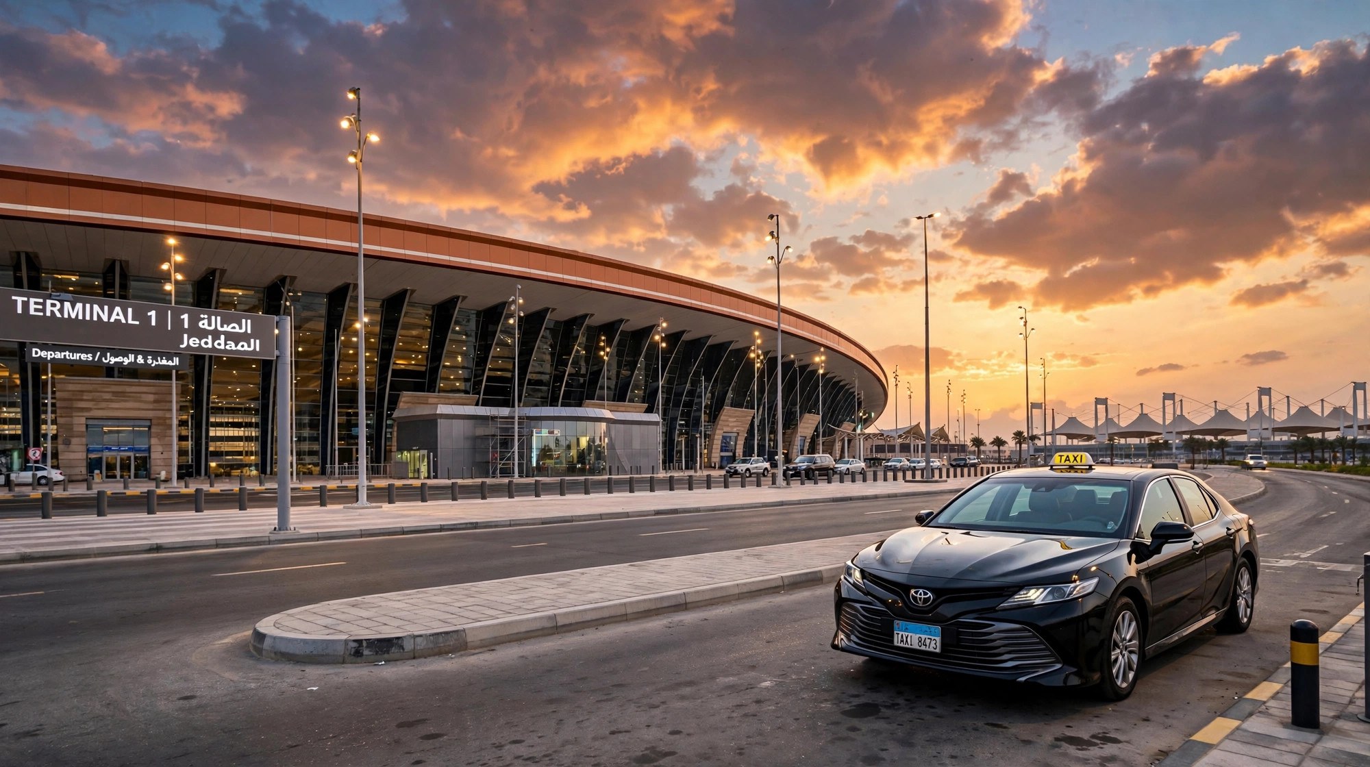 King Abdulaziz International Airport Jeddah at dusk with taxi pickup